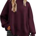 LILLUSORY Women's Oversized Batwing Sweaters 2026 Fall Outfits Trendy Crewneck Knit Side Slit Fashion Pullover Tops (Medium, Wine Red)