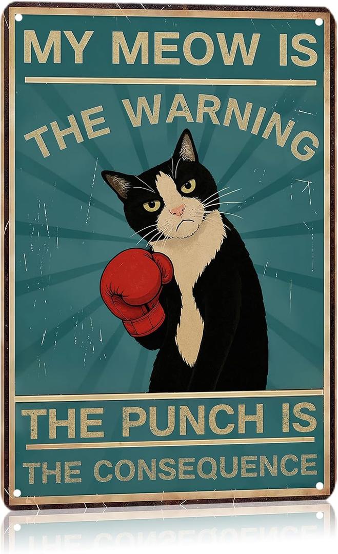 Funny Black Cat Metal Tin Sign,Vintage Cat Wall Art Decor for Kitchen Bedroom and Living Room 8x12 Inches