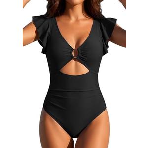SOCIALA Swim Suits for Women Ruffle One Piece Tummy Control O-Ring Cutout Bathing Suit Full Coverage Swimwear, Large