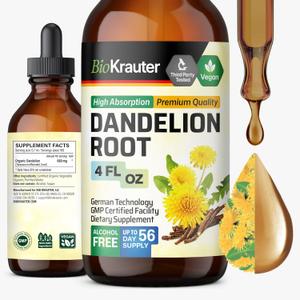 BIO KRAUTER Dandelion Root Extract - Liquid Pure Vegan Dandelion Root Supplement 689 mg per Serving 4 Fl.Oz 56-Day Supply - Used for Liver & Kidney Support, Cleanse & Detox - Alcohol & Sugar Free, Exp: 10/2027