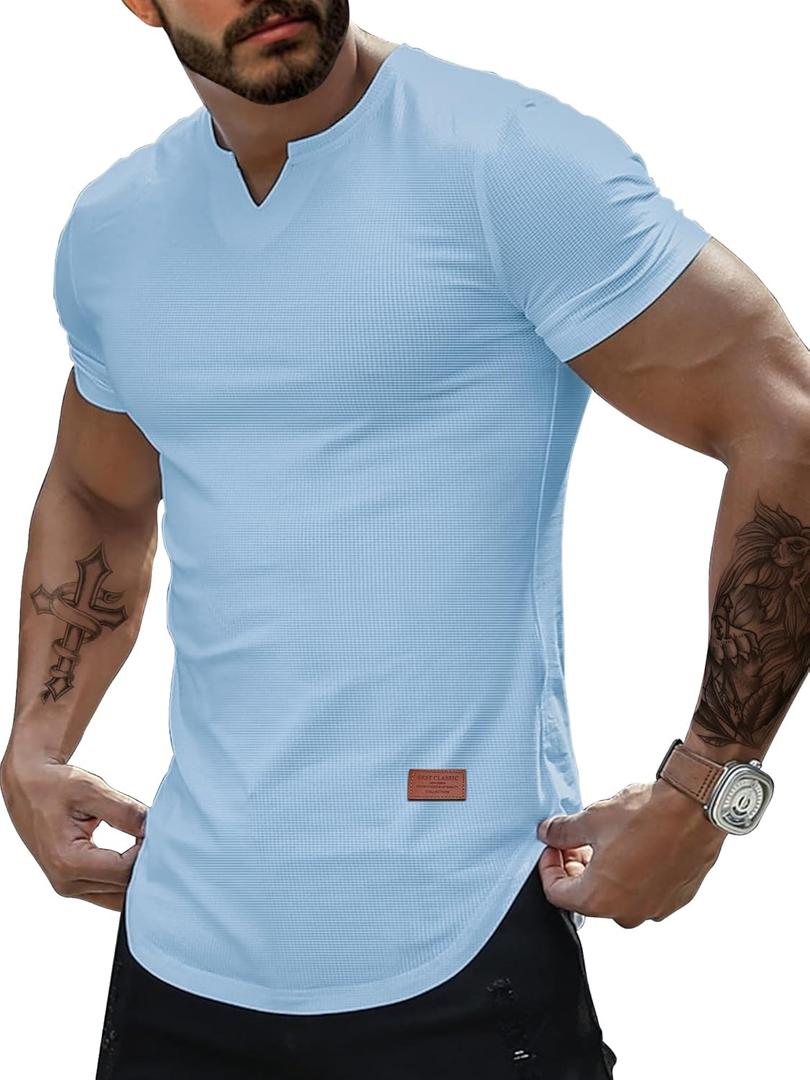 Men's Waffle Henley Shirts Knit Muscle Fitted T Shirt V Neck Longline Tops Gym Workout Athletic Shirt Tees, Size: 2XL