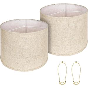 Large Lampshades Set of 2 Drum Lamp Shades 15" Top X 15" Bottom X 12" High, Large Lamp Shade Spider Fitter Brown Lampshades Come with 10" Height Gold Lamp Shade Holder Set of 2 Easy Assembly Required