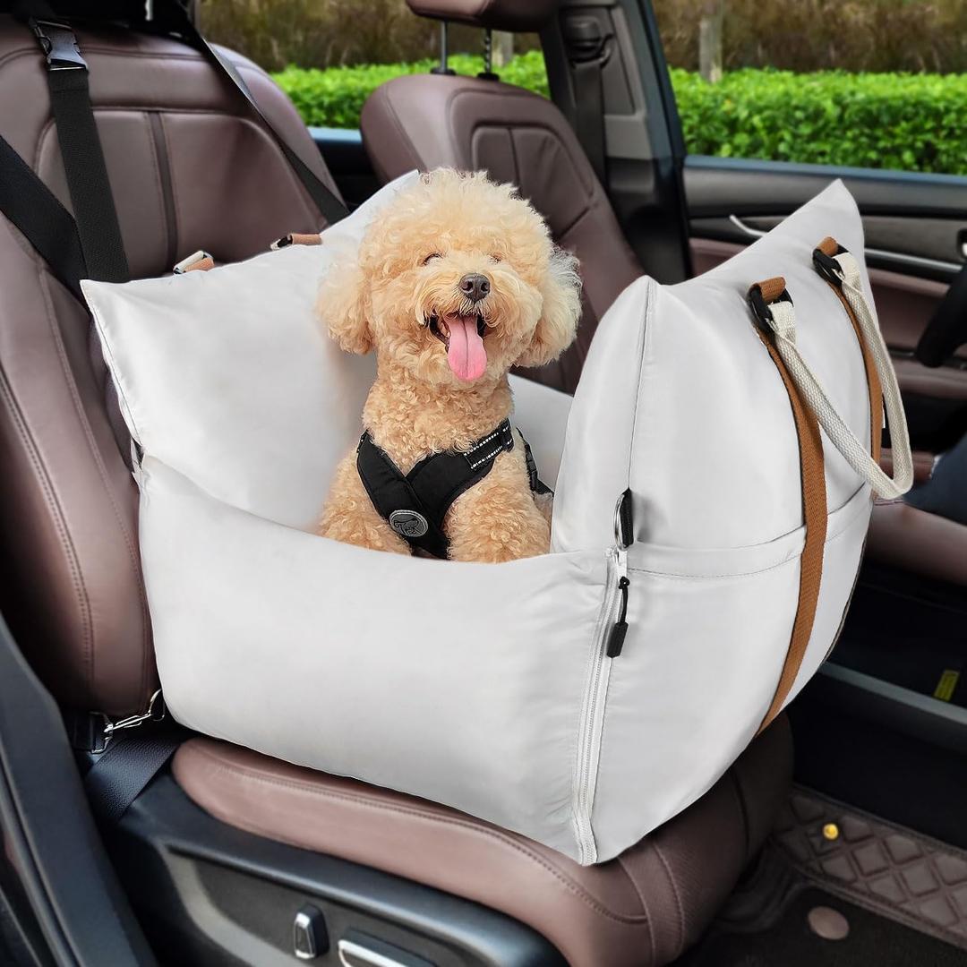 Pawaboo Dog Car Seat for Small Dog, Soft Dog Booster Car Seat under 25lbs, Portable Puppy Bed Car Seat with Storage Pocket, Fixed Buckles and Safety Leash, Pet Carseat Puppy Travel Carrier Bed (Beige) (Upgrade-Ultra Comfort-Light Grey)