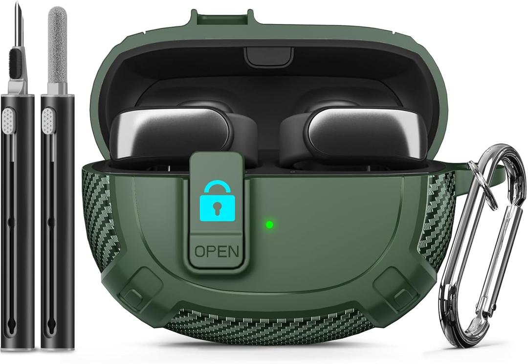 Ljusmicker for Bose Ultra Open Earbuds Case Cover 2024 with Cleaner Kit,Military Hard Cover with Lock for Bose Open Ear Earbuds Charging Case Accessories with Keychain for Men Women-Geen