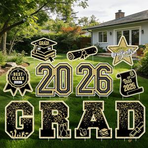 Graduation Yard Signs Class of 2026-11PCS Congrats Grad Lawn Decorations with Stakes,Graduation Decorations Yard Signs,Graduation Party Supplies, Large Outdoor Decor for High School & College (Gold)
