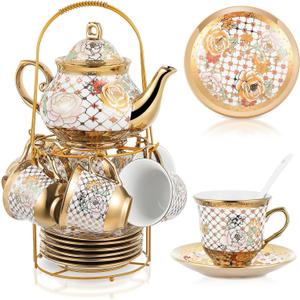Zhehao 20 Pcs Porcelain Tea Set with Metal Holder and Spoon Adult Ceramic Tea Set European Flower Painting Teapot Cup Saucer Spoon for Women, Large Version(Delicate Style)