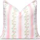 Hofdeco Premium Coastal Patio Indoor Outdoor Throw Pillow Cover Only, 20"x20" Water Repellent for Backyard, Couch, Blush Pink Print Stripe Floral