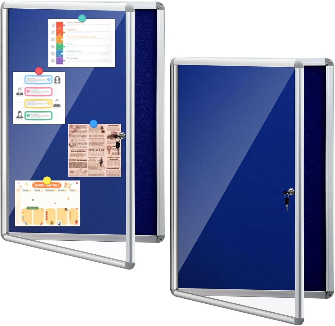 Blulu 2 Set 24 x 36 Inch Enclosed Bulletin Boards Lockable Noticeboard Windproof Outdoor Cork Display Wall Case with Locking Door for School Office Notices(Blue)