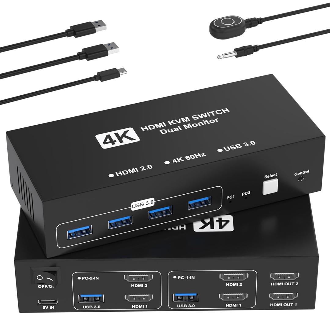 HDMI KVM Switch 2 Monitors 2 Computers, 4K@60Hz Dual Monitor KVM Switches USB Switch with 4 USB 3.0 Ports Sharing Keyboard Mouse Printer, Computer Switch Monitor Switch for 2 Computers with Controller