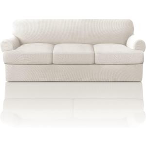 PrinceDeco T Cushion Sofa Slipcover 4 Pieces Sofa Covers for T Cushion Couch Soft Sofa Slip Covers Furniture Protector with 3 Individual T Shape Seat Covers (70"-88") Washable, Ivory