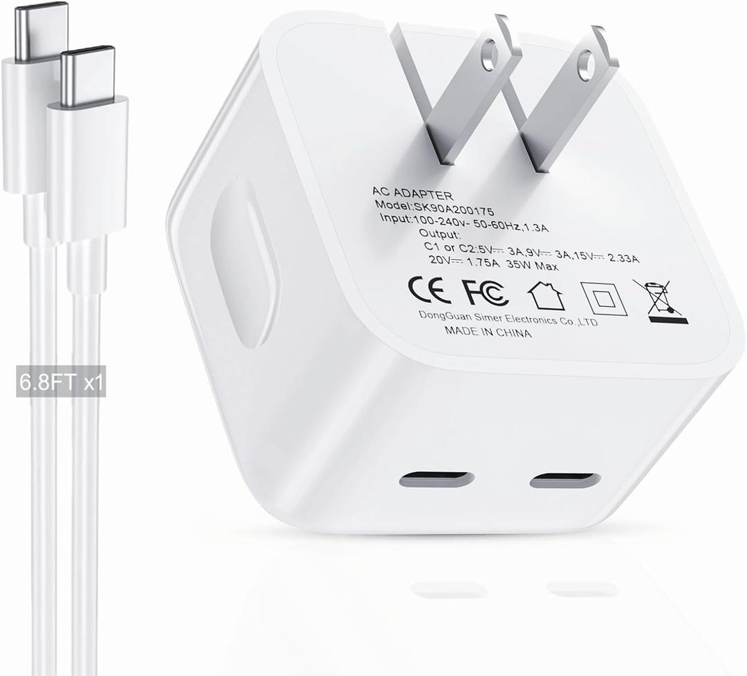 35W Dual USB C Port Compact Power Adapter, Compatible with iPhone 16/15/14, MacBook Air, iPad, Air Pods, Foldable Type C Wall Charger Plug, Includes 6.8Ft C to C Cable