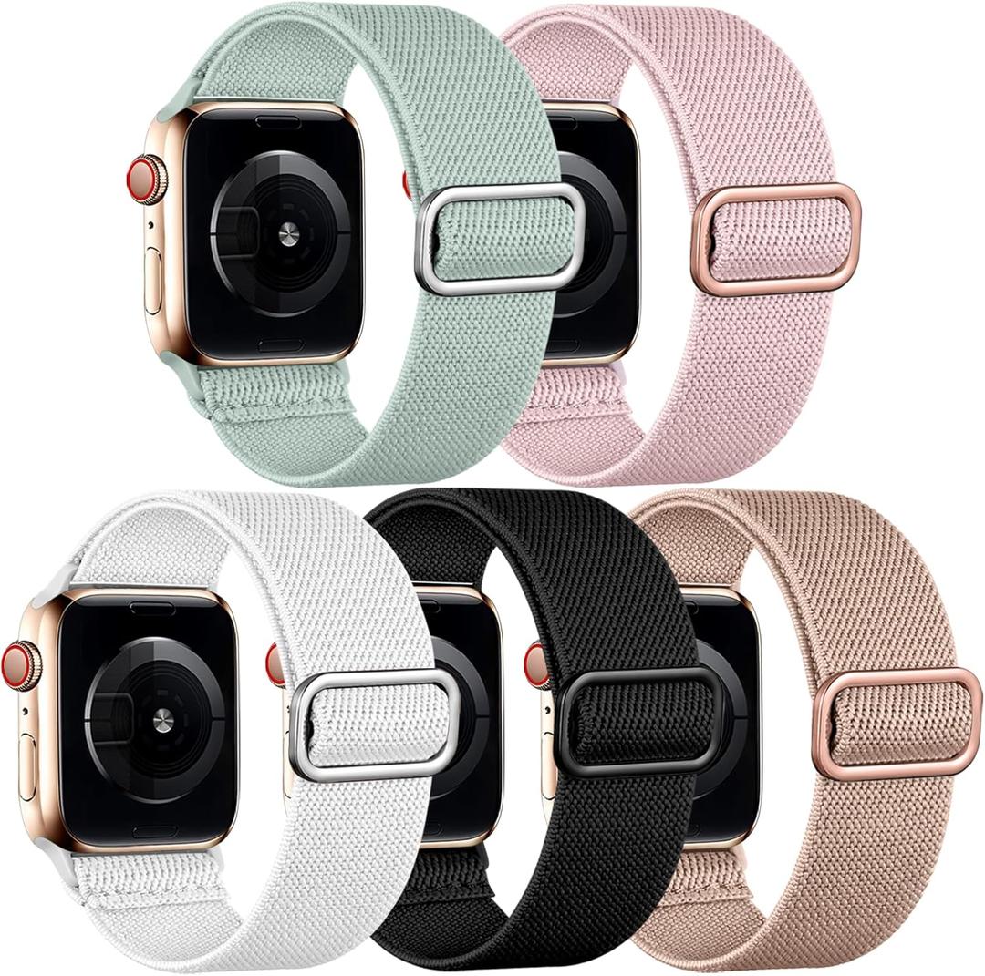 Easuny 5 Pack Stretchy Bands Compatible with Apple Watch 38mm 40mm 41mm 42mm 44mm 45mm 46mm Women, Elastic Fabric Nylon Strap Wristband for iWatch SE 3 2 1 Series 11 10 9 8 7 6 5 4 3 Boho Solo Loop (B6:Light Green/Pink/White/Black/Dark Pink)