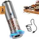 CIRCLE JOY Electric Pepper Grinder Stainless Steel Rechargeable Pepper Mill with Variable Grinding Speed, External Adjustable Coarseness, 95ml Container and White LED Light, Silver