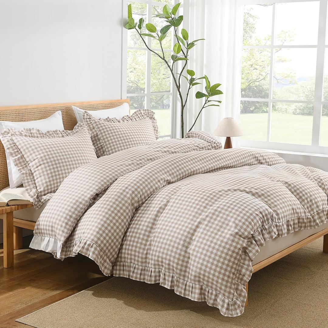 Andency Gingham Duvet Cover King, Tan Brown Ruffle Farmhouse Shabby Chic Duvet Cover, 3 Pieces Soft Pre-Washed Polyester Duvet Cover Set with Zipper Closure & Corner Ties, 104x90Inch