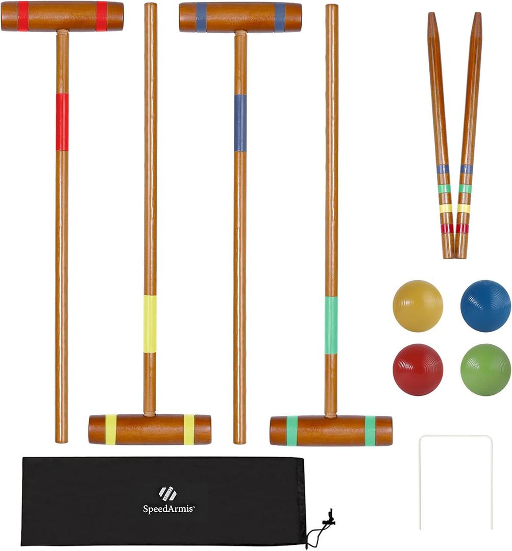 SpeedArmis 24In Croquet Set for 4 Players - Pine Wooden Mallets, Colored PE Ball, Wickets, End Stakes, Lawn Backyard Outdoor Game for Family (Portable Carry Bag Including)