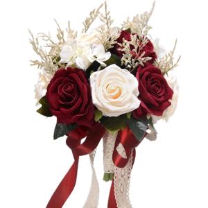 8.6in Wedding Bouquets for Bride Bridesmaid,White Champagne Red Burgundy Rose Artificial Fake Silk Flowers Bridal Bouquets for Wedding With Ribbon Handle Boho Rustic Church Decoration Toss Bouquet