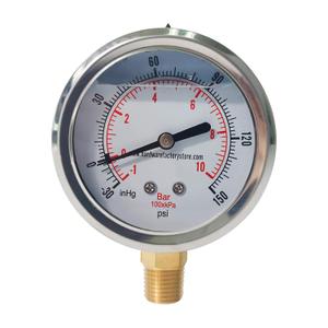 HFS(R) -30inHg-0-150psi Vacuum Pressure Gauge Glycerin Liquid Filled, 2.5" Dial Size, 1/4" NPT Lower Mount, Stainless Steel Case, PSI and Bar Dual Scale