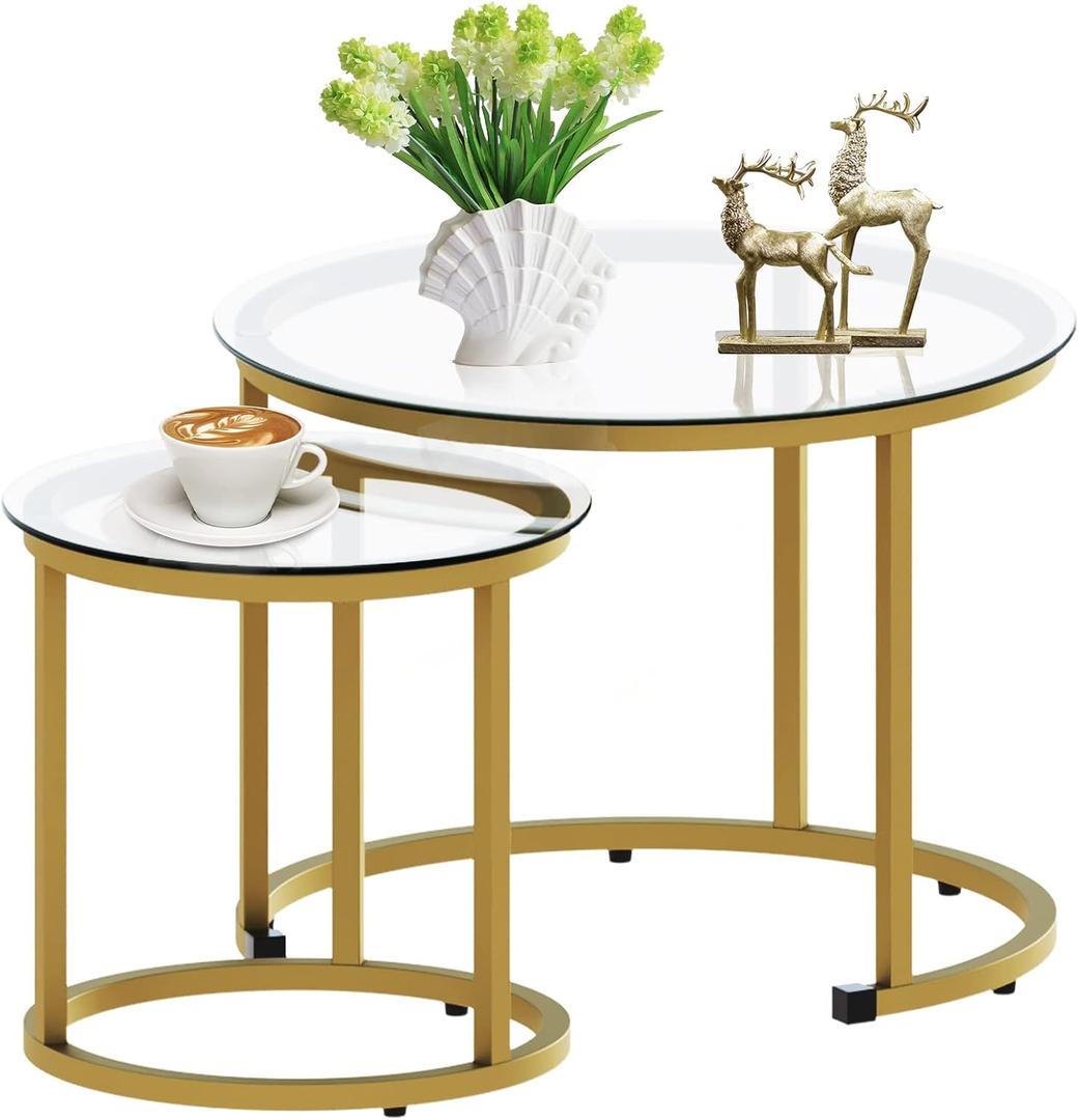 aboxoo Nesting Coffee Table Set of 2, Small Round Glass Nesting Tables for Living Room Bedroom, Accent Tea Table with Gold Metal Frame Modern Industrial Simple