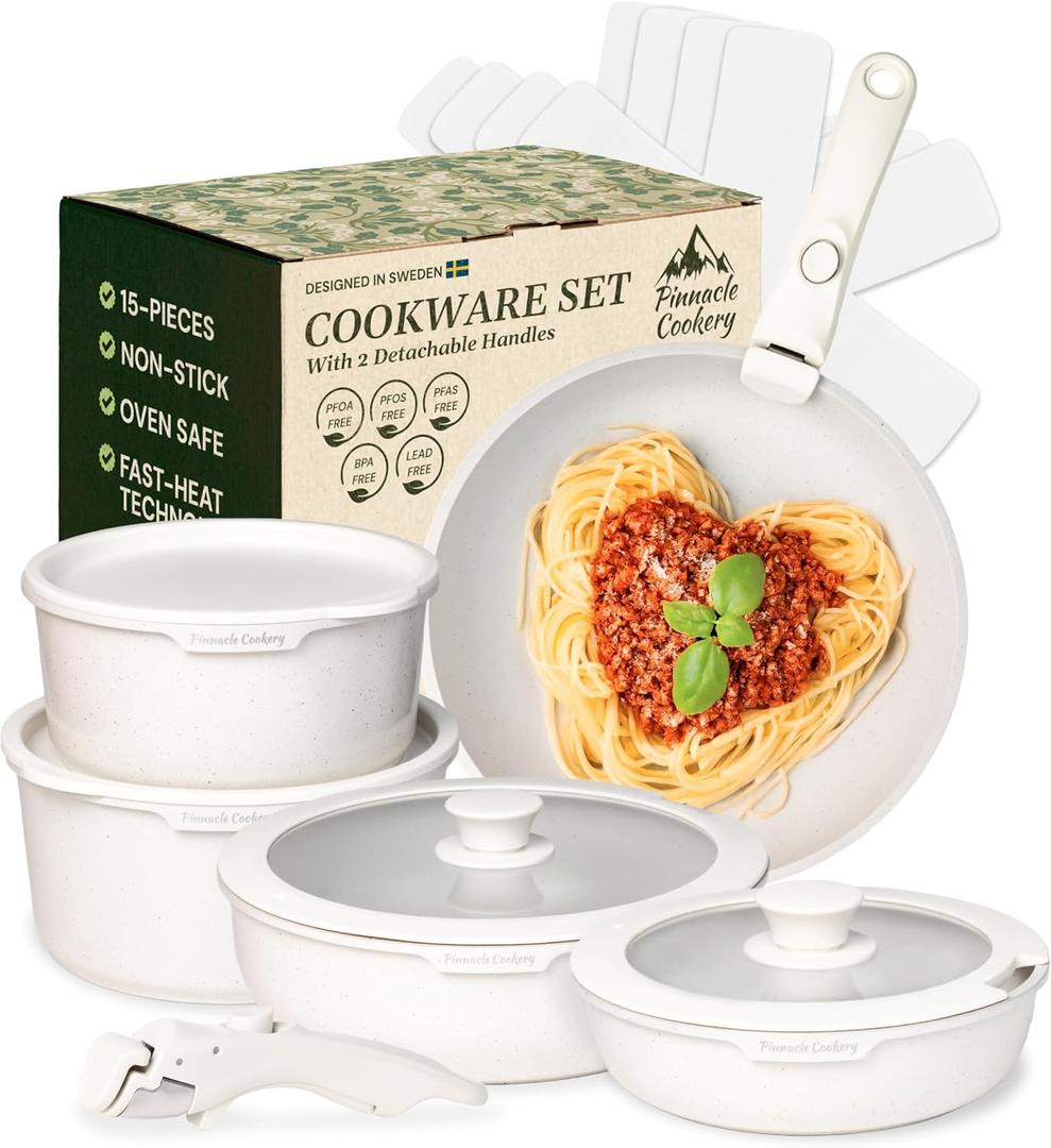 15-Piece White Granite Nonstick Cookware Set  Detachable Handles & Tempered Glass Lids  Stackable & Cool-Touch - Induction & Oven Safe to 480F - Scratch-Resistant, PFOA & PFOS-Free 15-Piece White Granite Nonstick Cookware Set  Detachable Handles & Tempered Glass Lids  Stackable & Cool-Touch - Induction & Oven Safe to 480F - Scratch-Resistant, PFOA & PFOS-Free