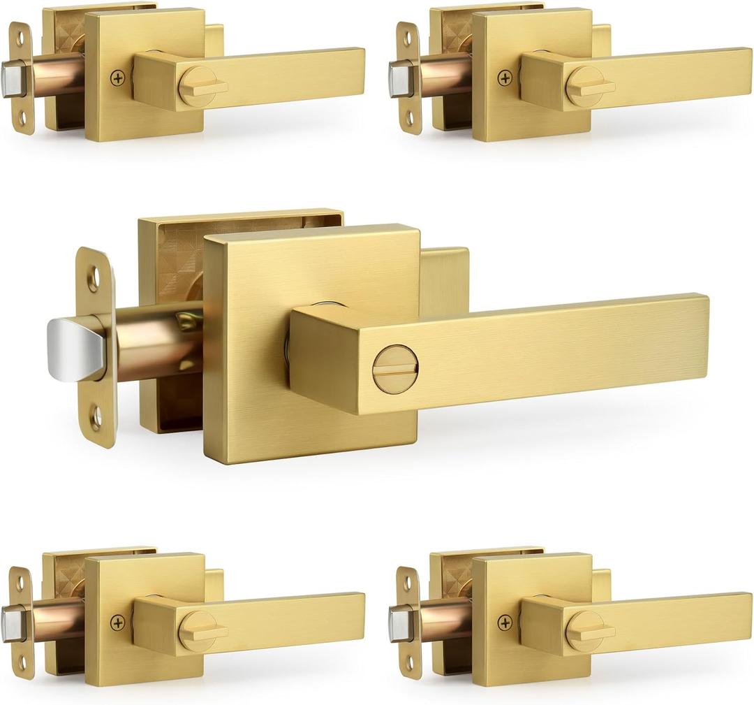 Square Privacy Gold Door Handles (No Key) for Bathroom and Interior Closet, Heavy-Duty Brushed Gold Reversible Door Lever, Satin Brass, 5 Pack