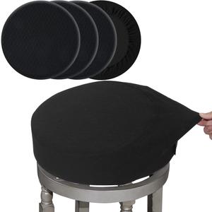 BUYUE 4 Pcs Bar Stool Covers, Luxury Fabric Dia.16-18" Round Stretchy Crease-Resistant Washable Jacquard Dustproof Stool Seat Slipcover, L-Black-Set of 4