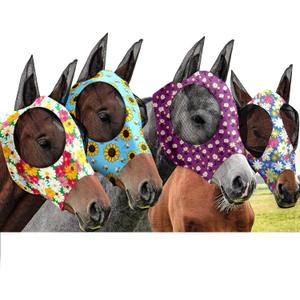 Frienda 4 Pieces Horse Fly Masks with Ears Face Covering UV Protection from Insect Pests Elasticity Smooth Comfortable Mesh Horse Mask Accessories (Flower,Medium)