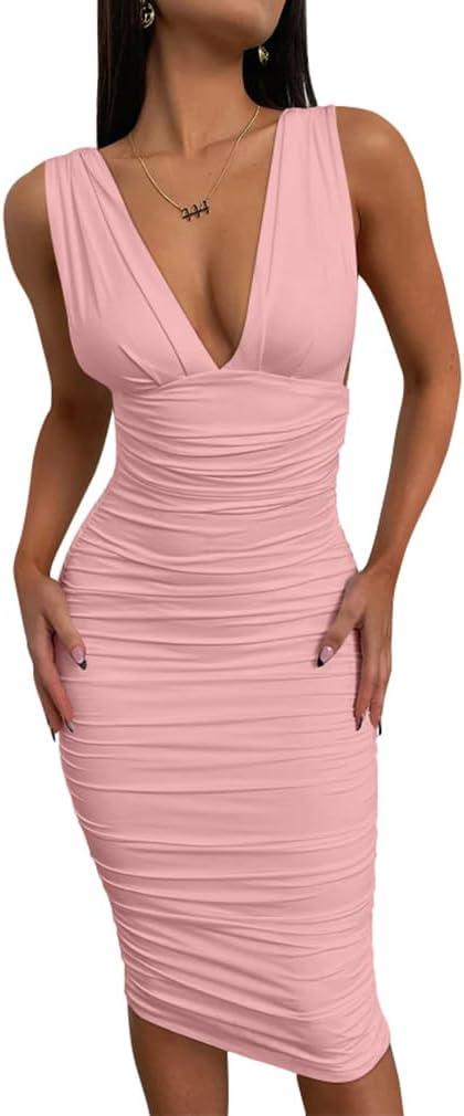 BEAGIMEG Women's Sexy Elegant Sleeveless Deep V Ruched Thick Straps Low Back Cocktail Evening Party Midi Dress (Pink)