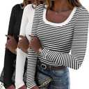 Zeagoo Women's Long Sleeve Scoop Neck Shirts Casual Slim Fit Rib Knit Tops Summer Fall Basic Business Work Tee (Black+white+stripes)