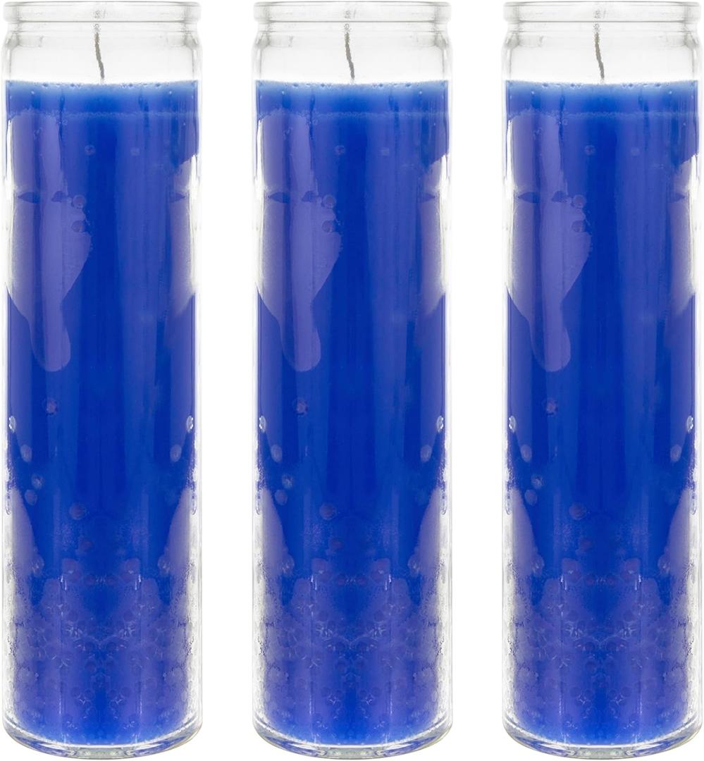 Mega Candles 3 pcs Unscented Blue 7 Day Glass Container Devotional Prayer Candles, Premium Wax Candle 2 Inch x 8 Inch, Sanctuary, Vigils, Prayers, Blessings, Religious, Memorials, Remembrance