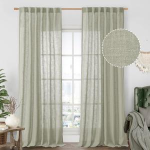 LAMIT Sage Grey Linen Curtains 90 Inch for Living Room, Back Tab and Rod Pocket Linen Textured Farmhouse Curtains Light Filtering Drapes for Bedroom/Dining Room, Set of 2, 52 x 90 Inch