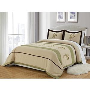Grand Linen 3-Piece Sage Green/Beige/Brown Tropical Palm Tree Embroidered Duvet Cover Set Queen Size - Luxury, Ultra Soft and Durable. Size 94 × 92