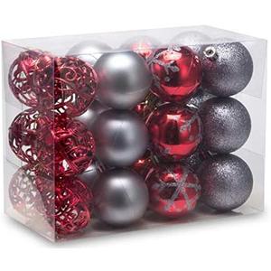 2.36"/60mm shatterproof Christmas Ball Ornaments Tree Decoration Baubles Set of 24 Counts (red & Grey)