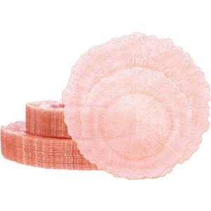 U-QE 60PCS Pink Plates for Party - Pink Plastic Plates Disposable&Reusable - Clear Pink Heavy Duty Plastic Plates for Party Including 30 Plastic Dinner Plates 10.25" & 30 Plastic Dessert Plates 7"