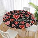 Valentines Day Round Tablecloth Fitted Best for 40"-44" Black Red Heart Table Cloth Vintage Elastic Edge Water-Resistant Washable Love Decoration Table Cover for Party Picnic Indoor Decor