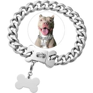 Stainless Steel Cuban Silver Link Heavy Duty Necklace Dog Collar for Small Medium Large Dogs, American Bully French Bulldog Dog Collar with CZ Luxury Safety Personalized Dog Tag (20 Inch (Pack of 1))