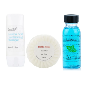 Hotel Toiletries Amenities Bulk Individually Wrapped 30ml Shampoo & Conditioner 2 in 1, Round Tissue Pleated 28g Cleaning Travel Soap In Bulk, 1FLOZ Disposable Outlast Mouthwash 30 Each, 90 Pcs