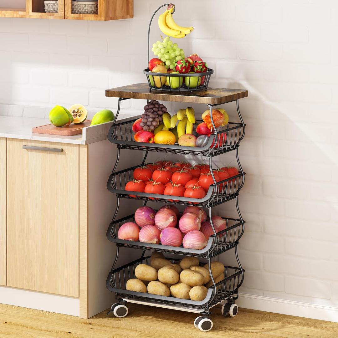 SAYZH Fruit Basket Kitchen Pantry Organizers and Storage - Wooden Top Table, Stackable Metal Wire Basket Stand Cart for Fruit Vegetable Snacks Onion Potato Organization, Black