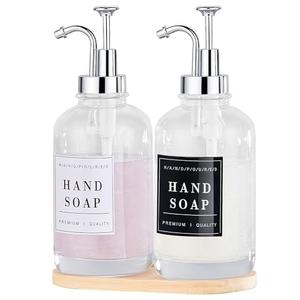 Dish and Hand Soap Dispenser for Kitchen, Glass Soap Dispenser with Pump,Tray,Funnel, Set of 2 Countertop Soap and Lotion Dispenser for Bathroom,Shower,500ml/16.9oz,