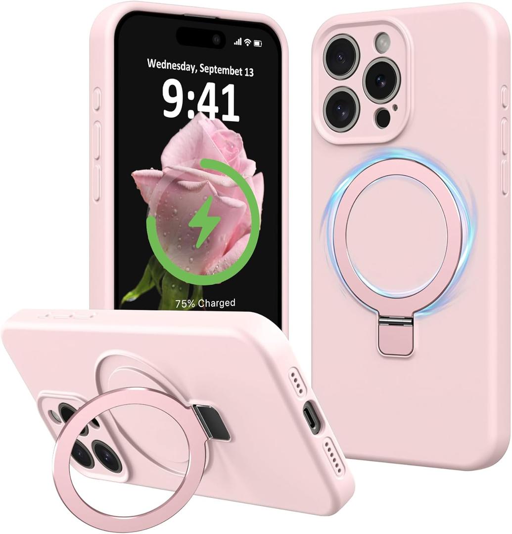 Compatible with iPhone 15 Pro Case with Stand, Full Camera Protection Slim Liquid Silicone Phone Cases Fit for iPhone 15 Pro Compatible with MagSafe Magnetic Ring Kickstand Case 6.1", Pink