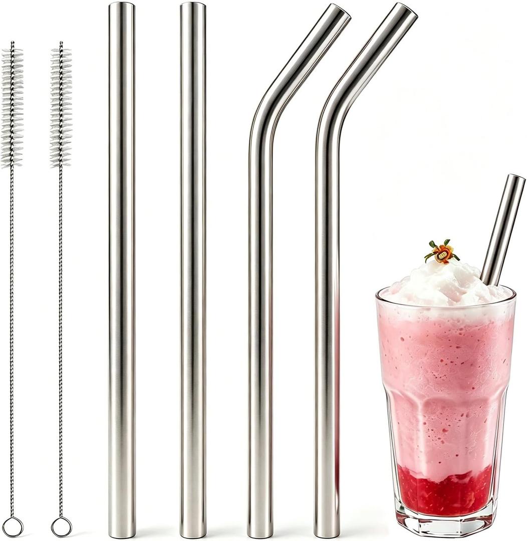 4 PACK Stainless Steel Smoothie Straws,0.4'' Extra Wide Reusable Metal,9.5inch Replacement Long Drinking Straws for Milkshake, Smoothie,Beverage,Bubble Tea with 2 Cleaning Brush