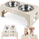 Jovrun Elevated Dog Bowls for Small Dogs and Cats, Non-Slip Cat Bowls with 2 Thick 5.5" Stainless Steel Dishes, Dog Feeder 2 Heights Adjustable to 2.6"-5.3" Beige