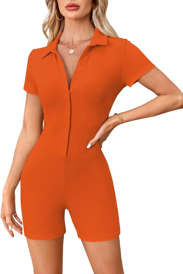 LilyCoco Rompers for Women Button Up Bodycon Short Sleeve Collared Sexy One Piece (Orange, L)