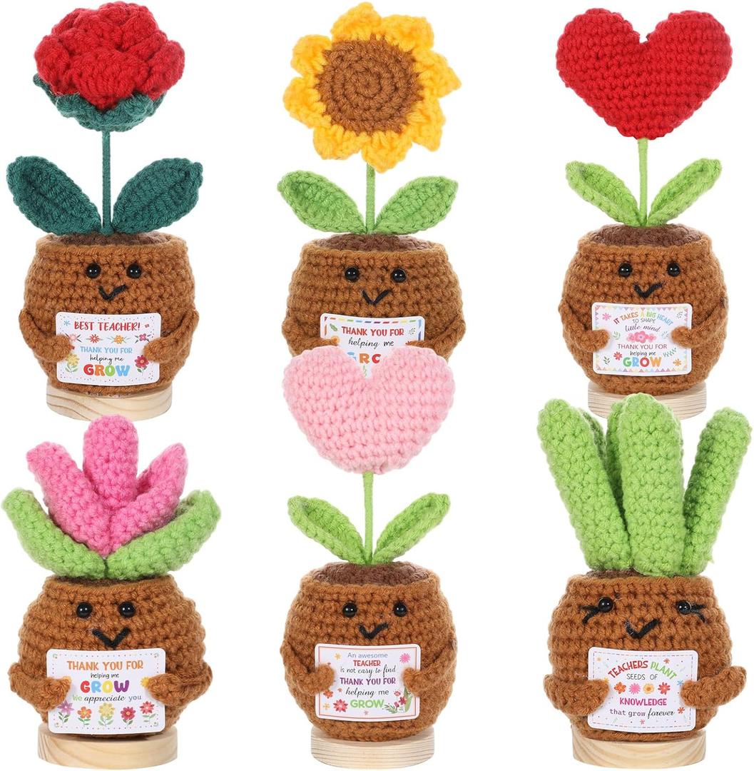 6pcs Teacher Appreciation Gifts Emotional Support Crochet Sunflower Rose Plants Thank You for Helping Me Grow for Teachers Christmas Positive Crochet Flower With Card for Women Mom Birthday