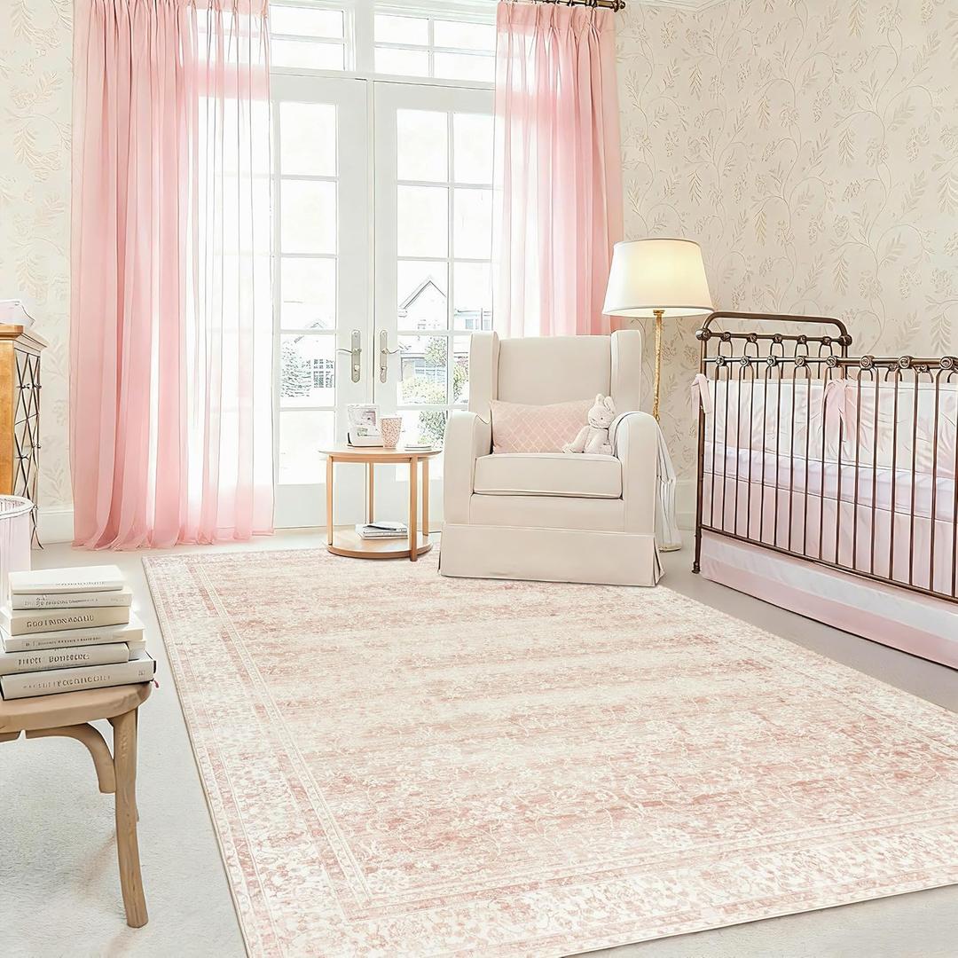 Pink Area Rug for Living Room Low Pile Soft 8 x 10 Carpet with Non Slip Washable Neutral Boho Floral Rugs for Hardwood Floor Protector Extra Large Area Rugs 8x10 for Big Nursery Bedroom Livingroom