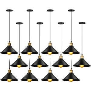 Retisee 12 Pcs Industrial Pendant Light Vintage Metal E26 Base Hanging Light Rustic Black Dome Pendant Lamp Fixture Farmhouse Kitchen Hanging Ceiling Lamp for Dining Room Bedroom Hallway Bar