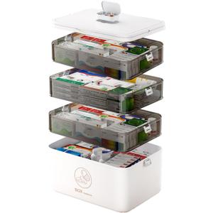 JWShang Medicine Organizer with Pill Box and Handle, Portable Large Capacity Medicine Storage Organizer with Moisture-Proof, Empty First Aid Box for Home, Dorm, Office, Travel (4-Tier)