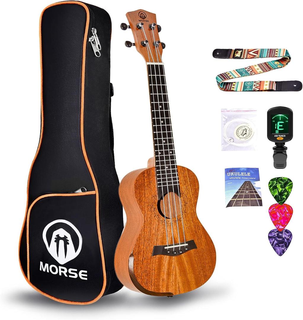 MORSE Concert Ukulele Mahogany 23 Inch Ukelele with Gig Bag Strap Nylon String Tuner Picks