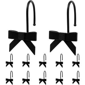 12pcs Black Bow Shower Curtain Hooks Decorative Smooth Sliding Shower Curtain Rings Hangers Cute Black Bow Bathroom Decor for Bathroom Nursery Art Decors Girl Room