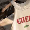 WDIRARA Women's Cherry Letter Print Crop Sweater Knit Tank Tops Crew Neck Sleeveless Pullovers (XS)
