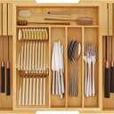 HOOBRO Silverware Organizer Kitchen Drawer Organizer, Expandable Utensil Drawer Organizer, with 2 Knife Block, Bamboo Cutlery Tray with Divider for Flatware and Kitchen Utensils, Natural YL06TL01